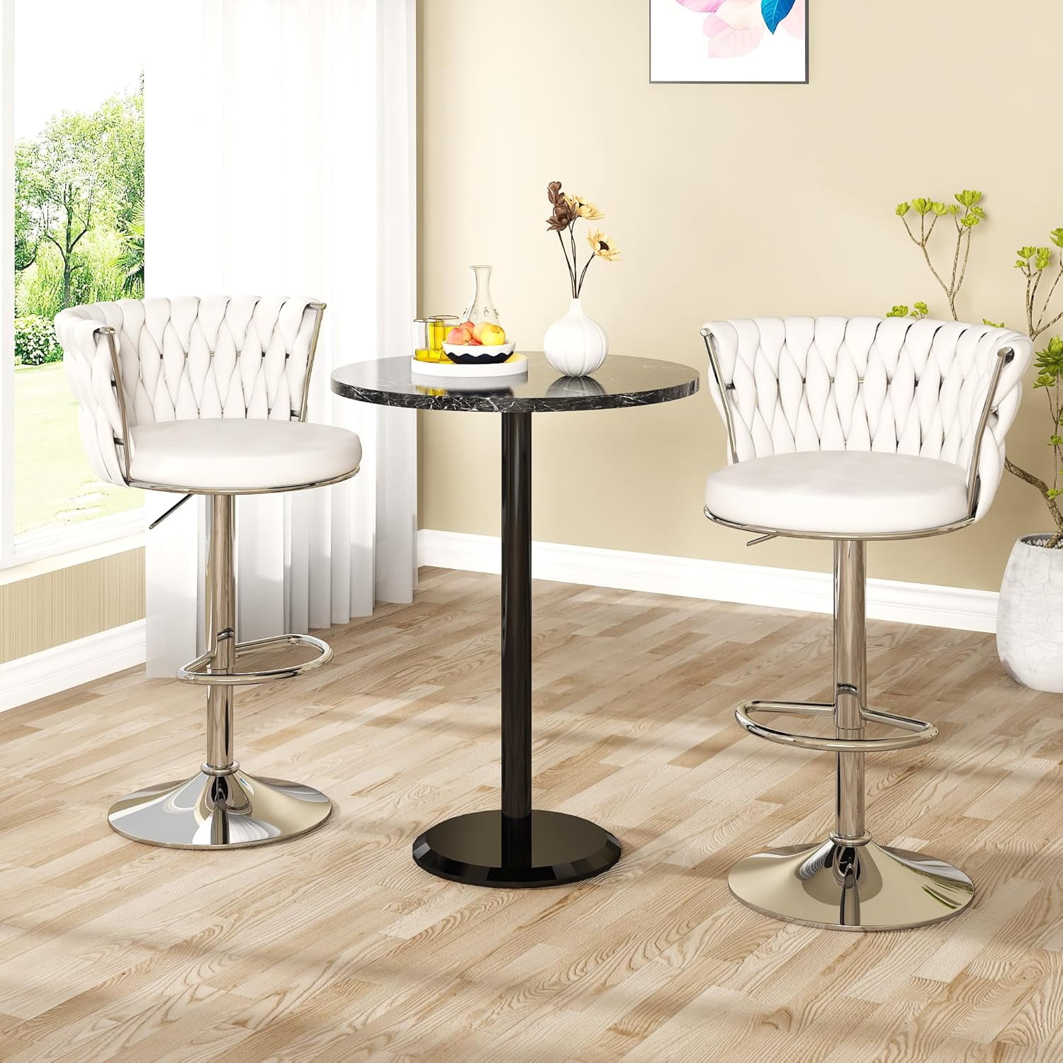 LinkRomat Velvet Bar Stools Set of 2,Swivel Counter Height Bar Stools with Backrest and Footrest,for Kitchen Island Dining Chairs,White