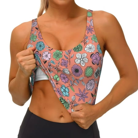 Qokaie Color Flowers Pattern Womens Scoop Neck Sports Bra Breathable Workout Vest Padded U Back Medium Impact Fitness Gym Yoga Bra Workout Crop Top