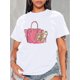 thumbnail image 1 of Elegante camiseta informal de manga corta con cuello redondo y estampado de bolso y tacones altos en rosa brillante para mujer, mezcla de algodón y elastano, lavable a máquina, ideal para deportes de, 1 of 9