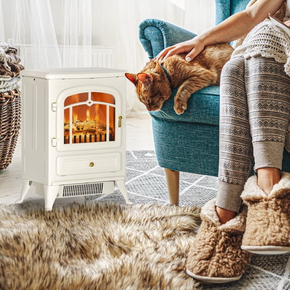 HOMCOM Electric Fireplace Heater, Fireplace Stove with Realistic LED Flames and Logs, and Overheating Protection, 725W/1450W, Beige