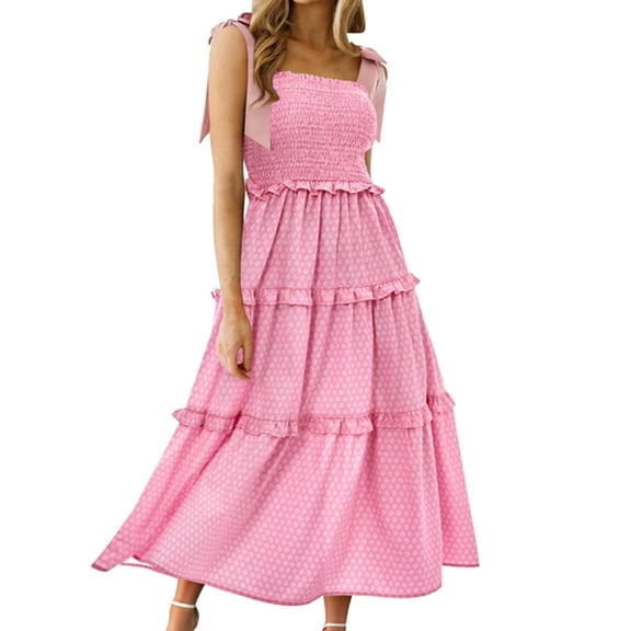 Square Neckline Women Floral Print Sleeveless Smock Long Ruffle Dress