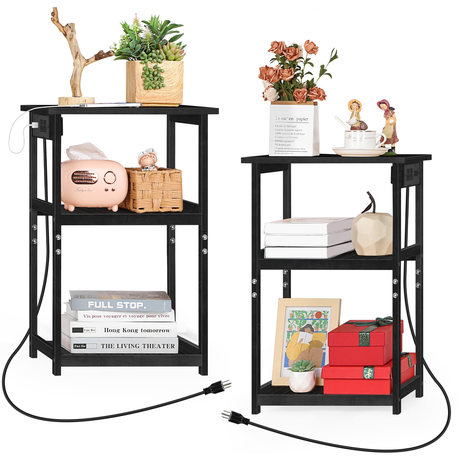 2 pack End Table with Charging Station and USB Ports 3-Tier Side Table NATURAL WOOD