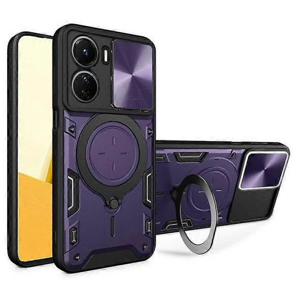 Compatible For vivo Y16 4G Slide Camera Protection Phone Cover Hybrid PC+TPU Kickstand Phone Case Purple