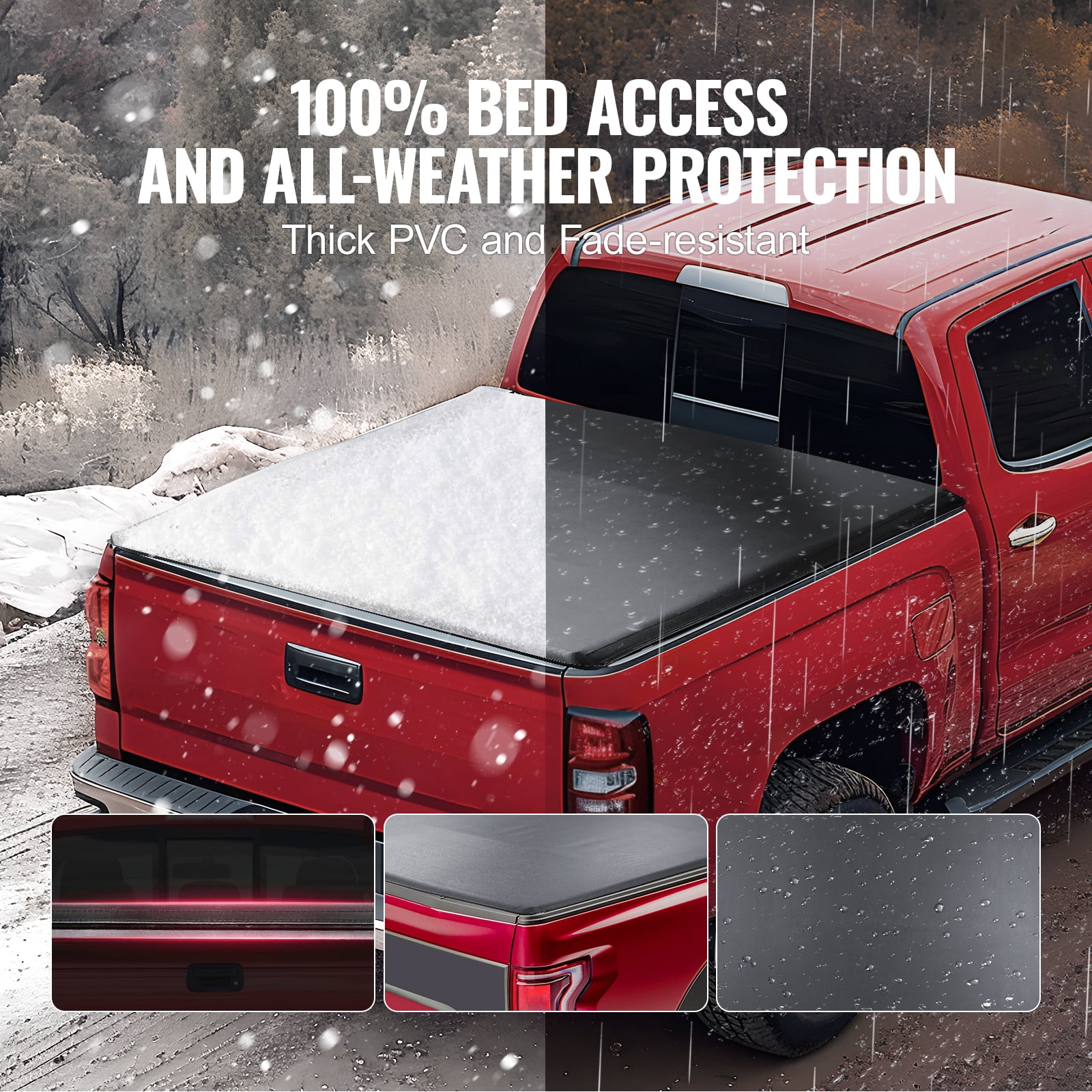 VEVOR Truck Bed Cover, Roll Up Truck Bed Tonneau Cover, Compatible with 2014-2024 Chevy Silverado / GMC Sierra 1500, for 6.6 x 5.2 ft. / 6.6 x 5.3 ft. Bed, Soft PVC material, Roll Up Tonneau Cover