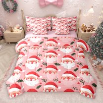 Manfei Cartoon Santa Claus 7-Piece Bedding Comforter Set,Christmas Flower Red Berry King Bedding Sets,Pink Red White Bed Sheets For Girl,Breathable Home Decor Reversible