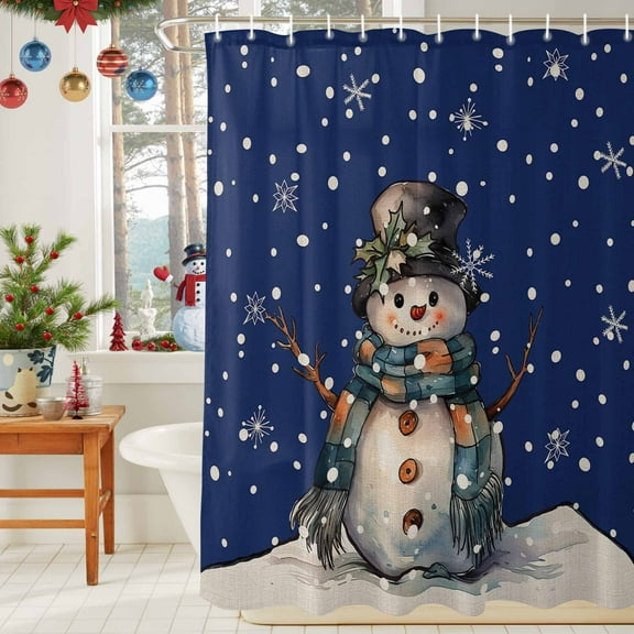 Shower Curtain Bathroom Set Merry Christmas Snowman Winter Snow Waterproof Fabric Shower Curtains with Grommets&Hooks Vintage Linen Navy Blue Privacy Bath Curtain for Bathtub 36x72in