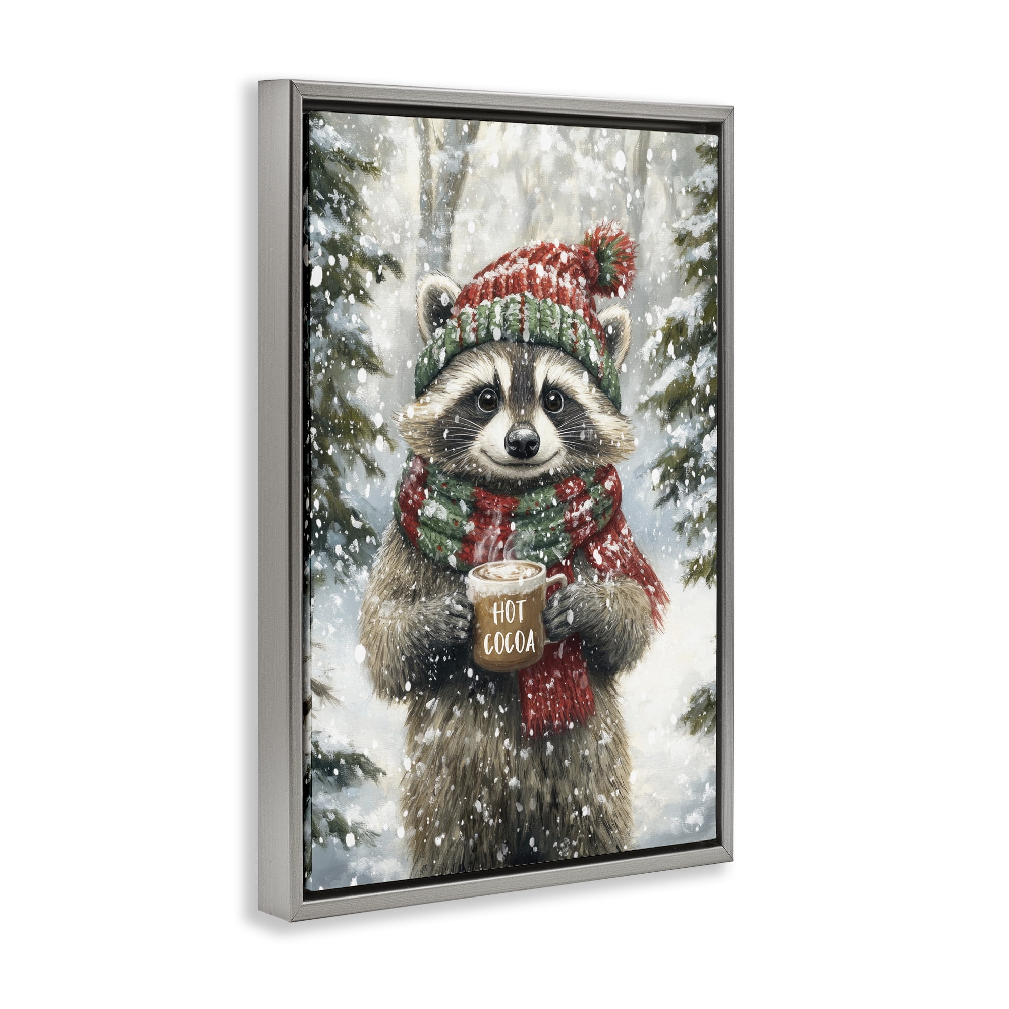 Stupell Industries Merry Cocoa Raccoon Gray Framed Floater Canvas Wall Art, design by Tina LeCour
