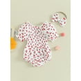 thumbnail image 2 of Newborn Baby Girls Summer Outfits Short Puff Sleeve Cherry/Carrot Print Romper with Headband Set, 2 of 8