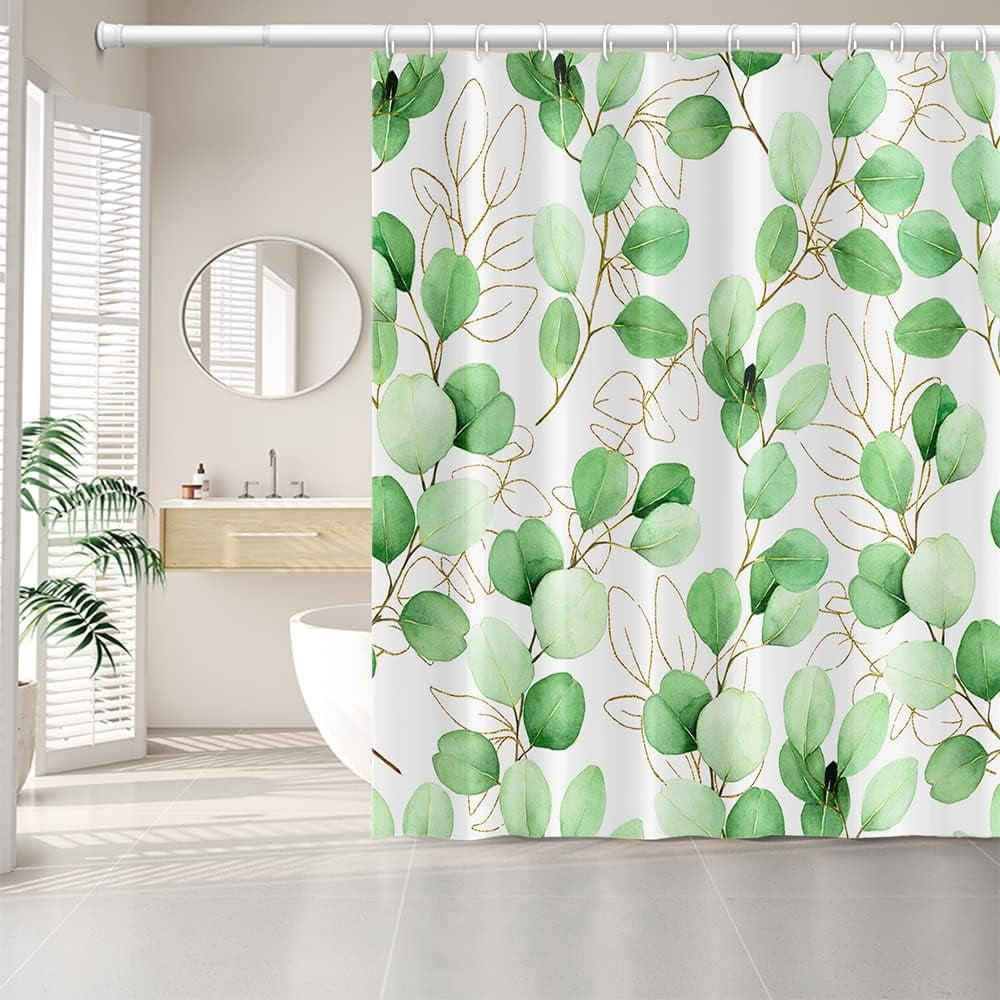 JOOCAR Eucalyptus Leaves Shower Curtain for Bathroom Green and Gold