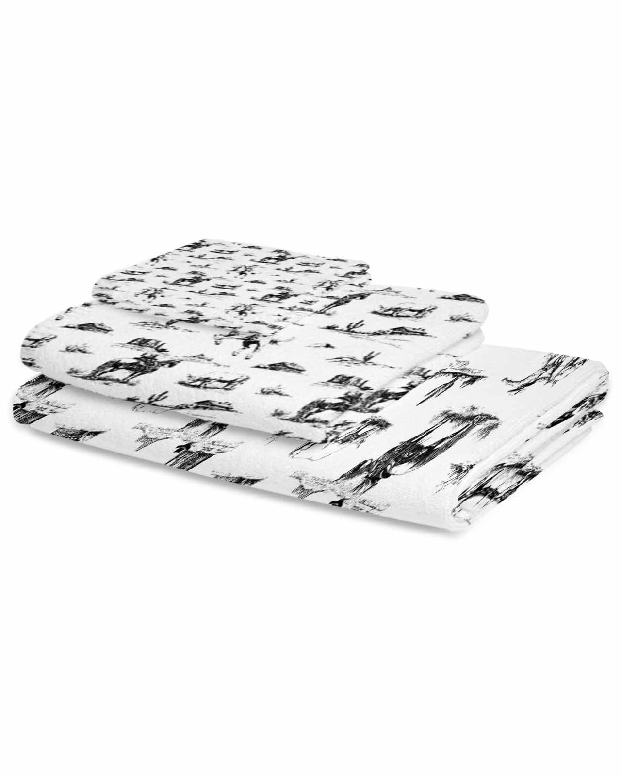 Black Western Cowboy Bath Towels for Bathroom Set,Luxury Microfiber Towels Gifts for Women,Beach Kitchen Hand Hair Face Towel and Dish Washcloth,Vintage Horse Cactus Ethnic Art Towels+Set
