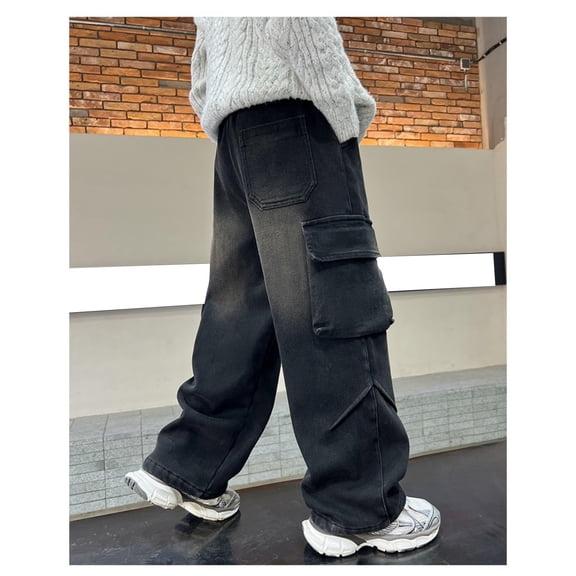 KAUOD Boys Retro Cargo Jeans Oversized Pockets Streetwear Denim Pants Youth Kids Baggy Wide Leg Y2k Vintage Denim Trousers