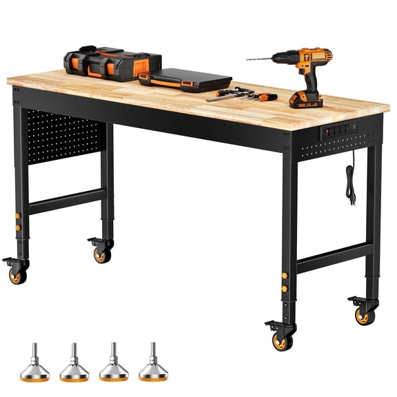 CAMMOO 60" Rolling Workbench with Wheels, Heavy Duty Adjustable Height Work Table, Rubberwood Top Garage Workbench, 2000 lbs Capacity with Pegboard & Power Outlet for Workshop DIY