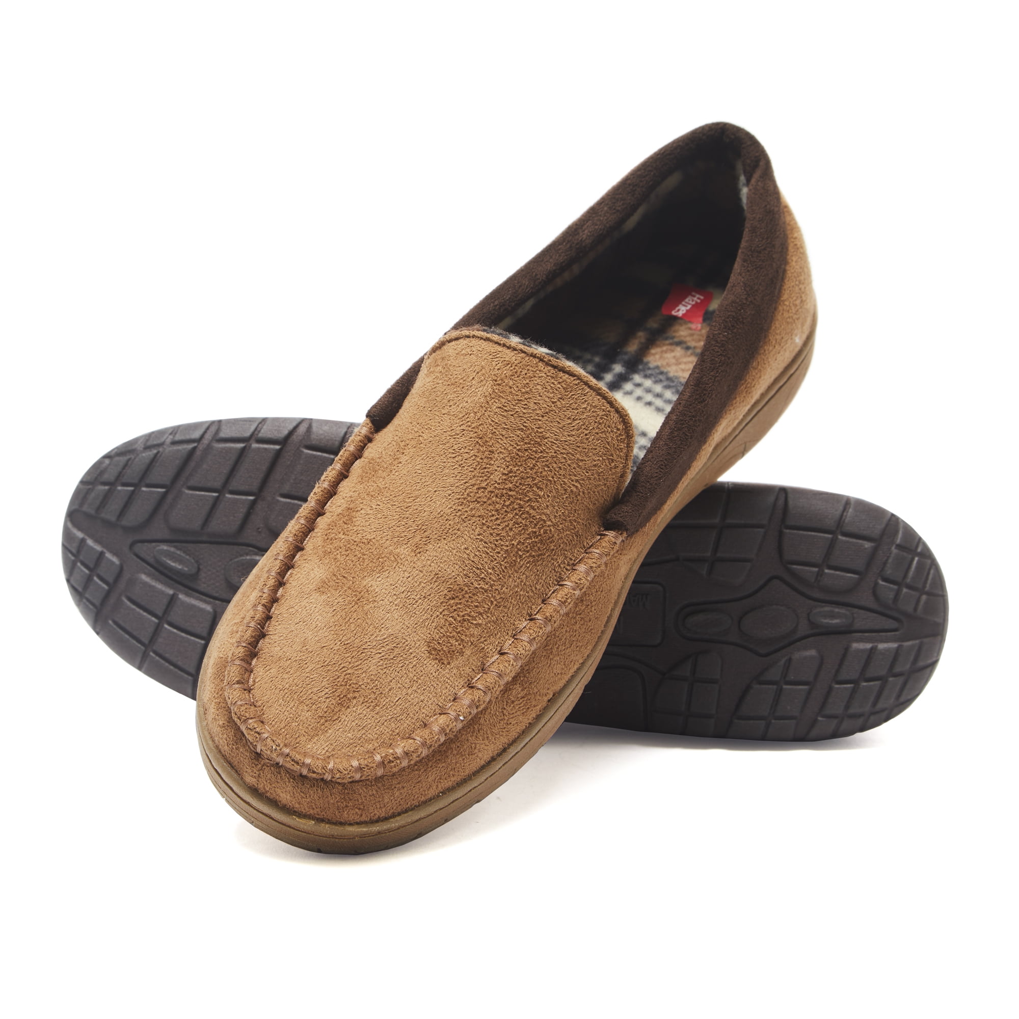 Mens Moccasin Slippers for Men House Indoor Shoes with Red Plaid and Anti Slip Rubber Sole 