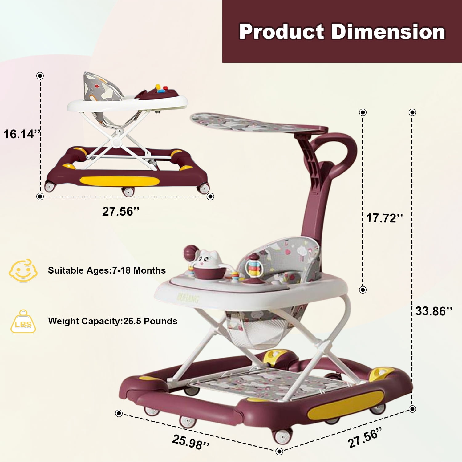 XunKA 6-in-1 Multifunctional Baby Walker, Foldable Push Walker with Musical Activity Station for 6-24 Months,Red.