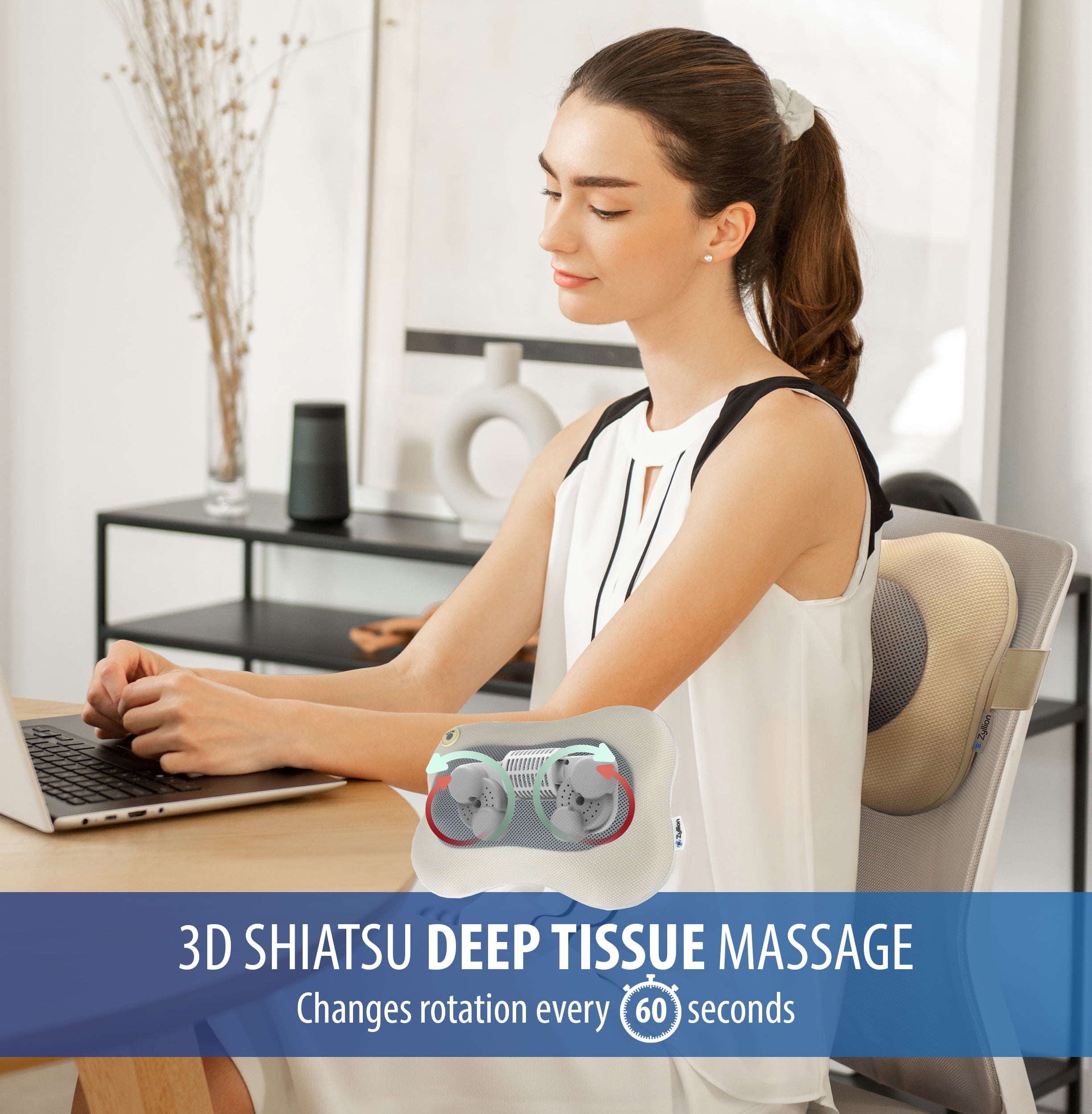 Zyllion Shiatsu Back & Neck Massager 3D Kneading Massage Pillow with Heat for Muscle Pain, Cream