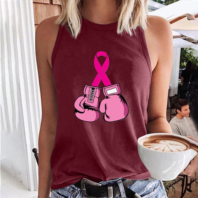 TIMIFIS Breast Cancer Ribbon Women's Racerback Tank Casual Sleeveless Printed Ladies Round Neck Blouses Tops T-Shirt - Fall/Winter