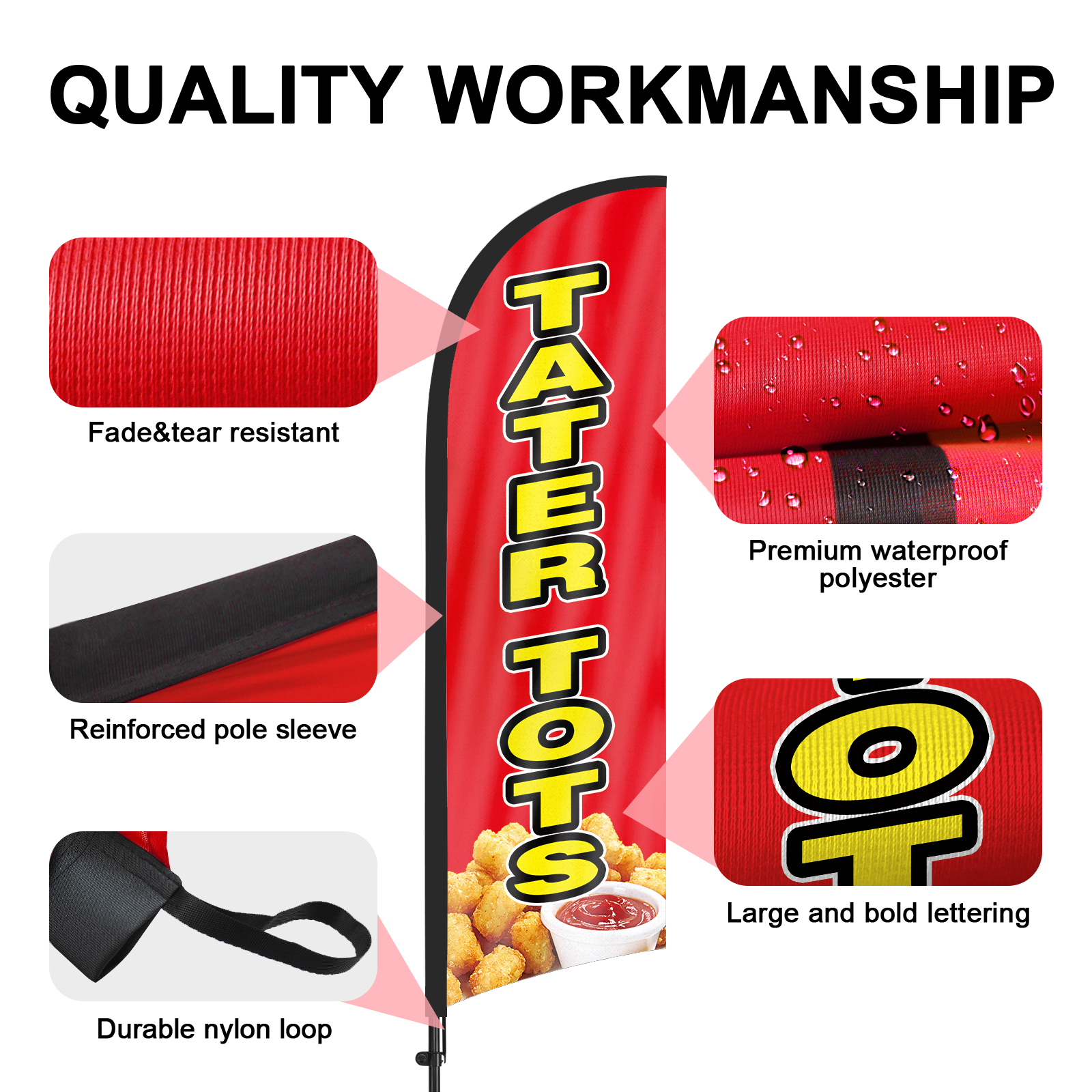 QSUM Tater Tots Feather Flag with Flag Pole Kit and Ground Spike, 8.2FT Tater Tots Windless Flag Banner Sign Business for Outdoor Advertising Sign Decoration Display