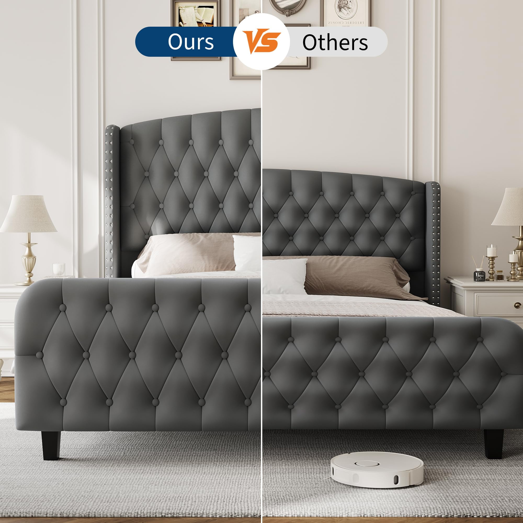 Huisuilinss Queen Bed Frame,King Size Bed Frame,Velvet Upholstered Platform Bed Frame With Deep Button Tufted Wingback Headboard And Footboard,No Box Spring Needed,Easy Assemble