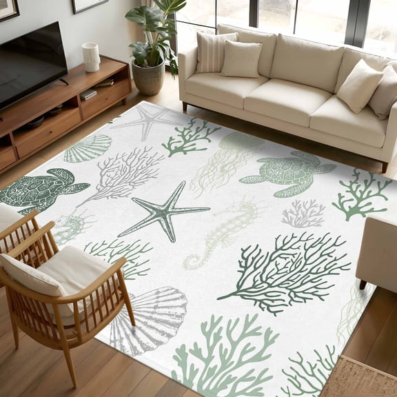 8x10 Area Rugs, Sage Green Coastal Non-Skid Rubber Backing Large Rectangle Rugs - Living Room Bedroom Home Office, Nautical Summer Beach Coral Sea Turtle Indoor Floor Mat Carpets Washable Rug