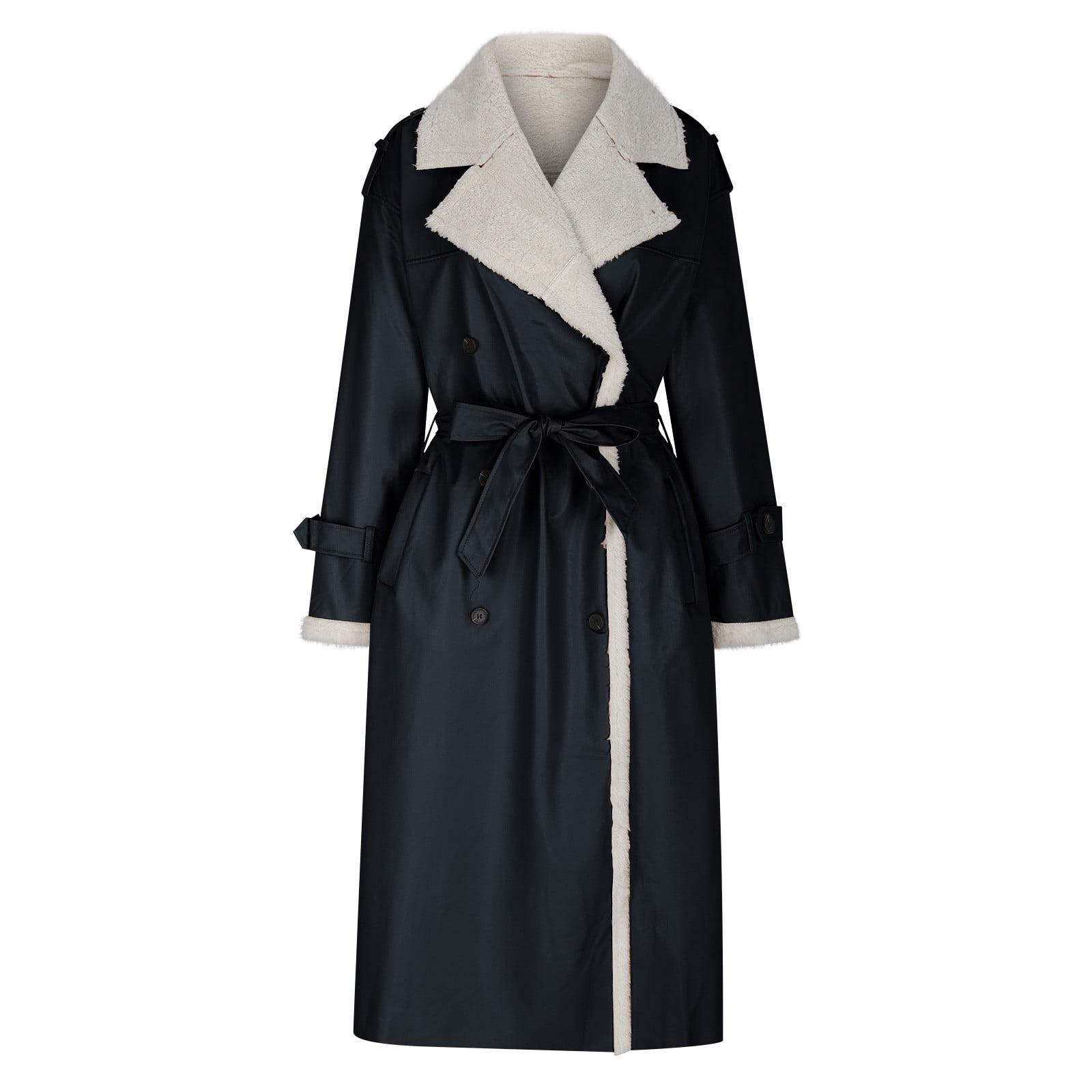 APEXFWDT Women Shearling Sheepskin Faux Leather Coat Long Winter Warm Sherpa Lined Jacket Notch Collar Button Down Trench Coat with Belt