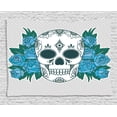 thumbnail image 1 of Skull Tapestry, Skeleton Head with Oriental Paisley Details Roses Leaves Indian Decor, Wall Hanging for Bedroom Living Room Dorm Decor, 80W X 60L Inches, Teal Fern Green and White, by Ambesonne, 1 of 1