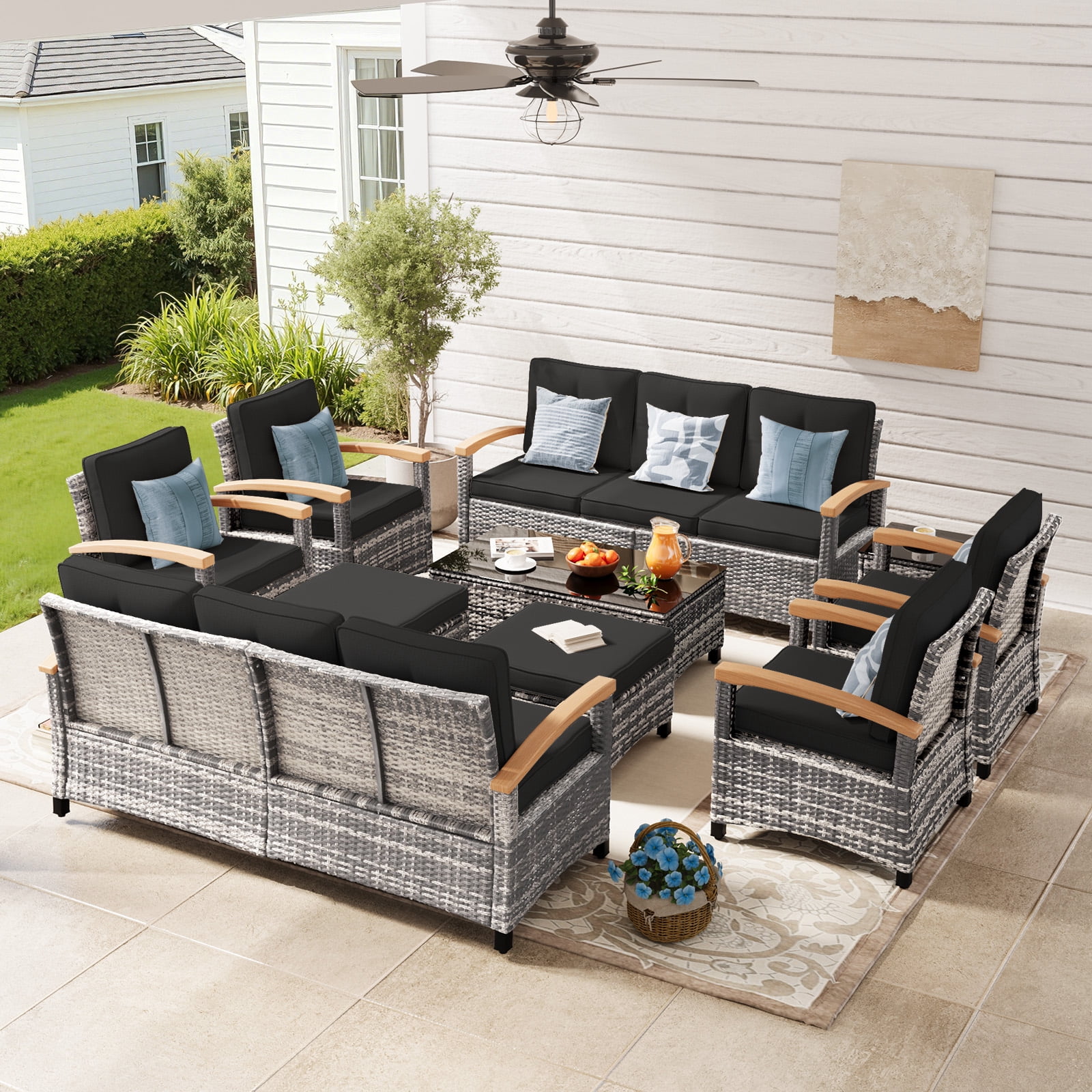 MEISSALIVVE 10 Pieces Outdoor Patio Furniture Sets, Wicker Patio Conversation Sets with 2 Wood Armrests Swivel Glide Chairs,2 Single Chairs, Outdoor Couch and Coffee Table(Black)
