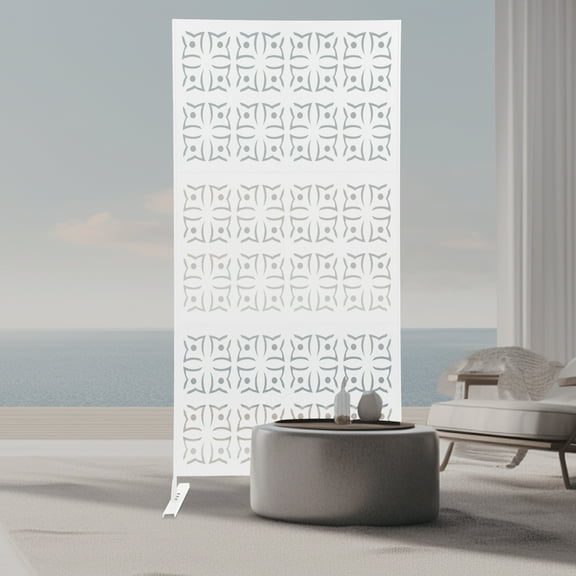 ToppiJoy Outdoor Privacy Screens Freestanding Decorative Steel Panels with Stand, Privacy Fence for Patio Lawn Deck, Dividers for Balcony Deck Garden(White, 90*190cm)