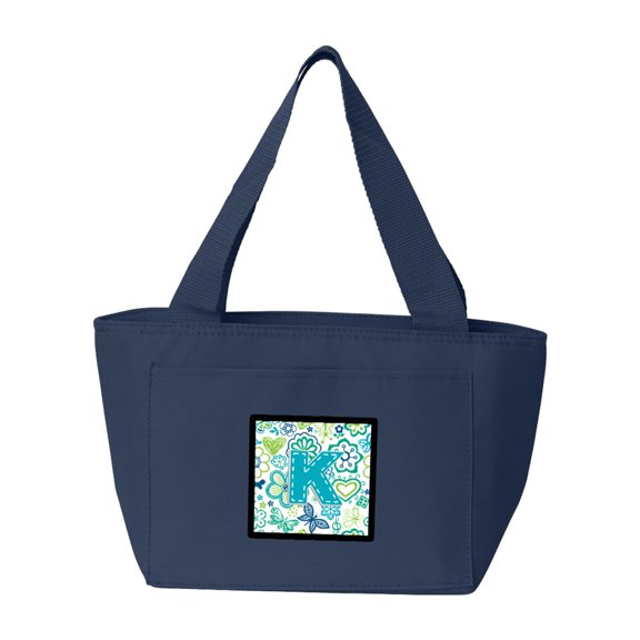 Letter K Flowers and Butterflies Teal Blue Lunch Bag