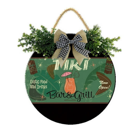 Eveokoki Tiki Bar And Grill Front Door Sign Funny Wreaths Hanging Wooden Plaque Decoration Round Rustic Wood Farmhouse Porch Decor for Home Front Door Decor, 12 x 12 Inch