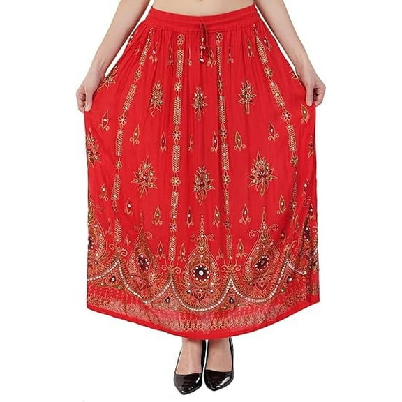 Women's Tie Dye Yoga Skirt with Sequined Crinkle Broomstick Gypsy Design Red