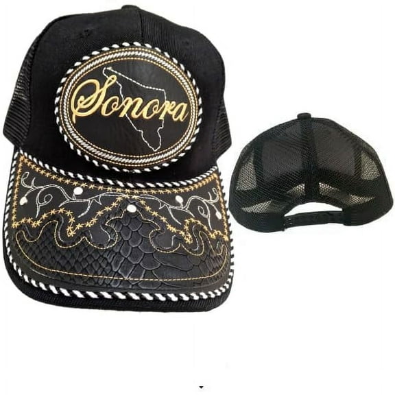 Gorra de Sonora Hat, Adjustable Unisex, Charro Style, Polyester/Acrylic, Embroidered Snake Skin Design in Black