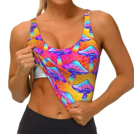 Qokaie Magic Mushrooms Pattern Womens Scoop Neck Sports Bra Breathable Workout Vest Padded U Back Medium Impact Fitness Gym Yoga Bra Workout Crop Top