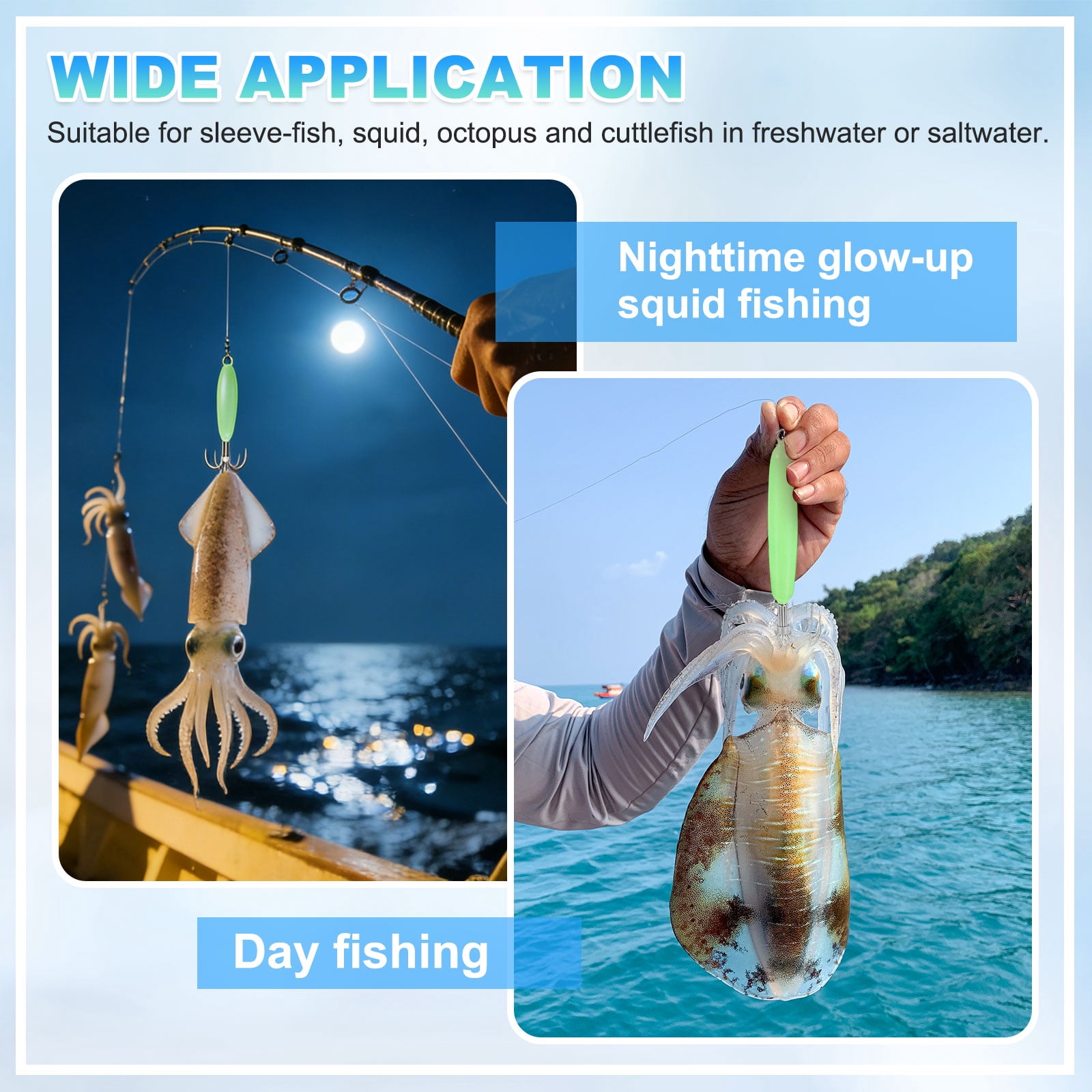 Uxcell Luminous Squid Jig Hooks, 55g Squid Jigs Saltwater Glow in Dark with 12 Stainless Steel Needles Fishing Lures Bait 4'' & 8Pcs & Green - Fit for Cuttlefish Sleeve Night Fishing
