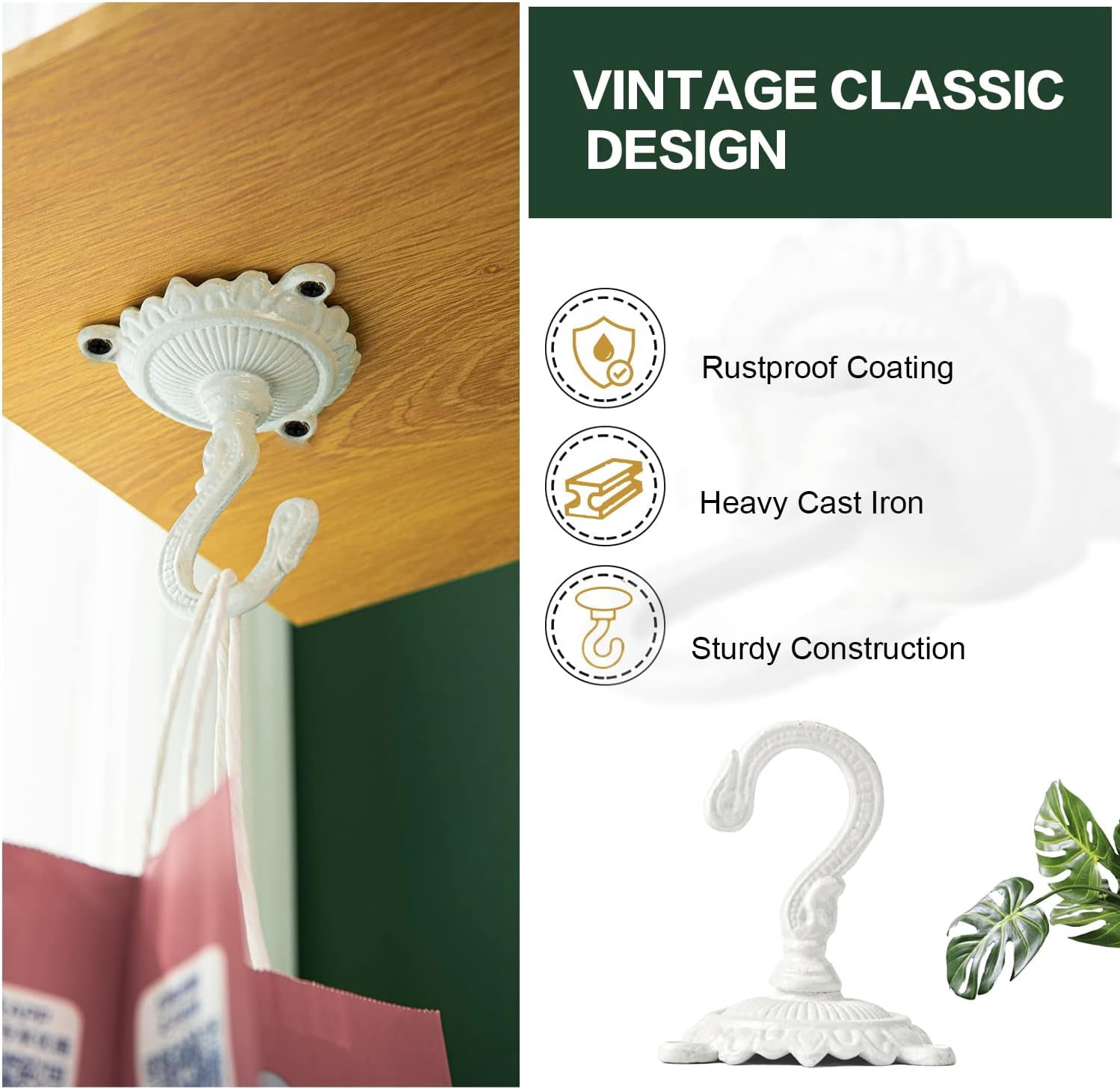 Sungmor Ceiling Hooks for Hanging Plants, 2PC White Cast Iron Ceiling Hooks, Antique Decorative Ceiling Swag Hooks for Hanging Planter Chandelier Wind Chime Lantern Hanger