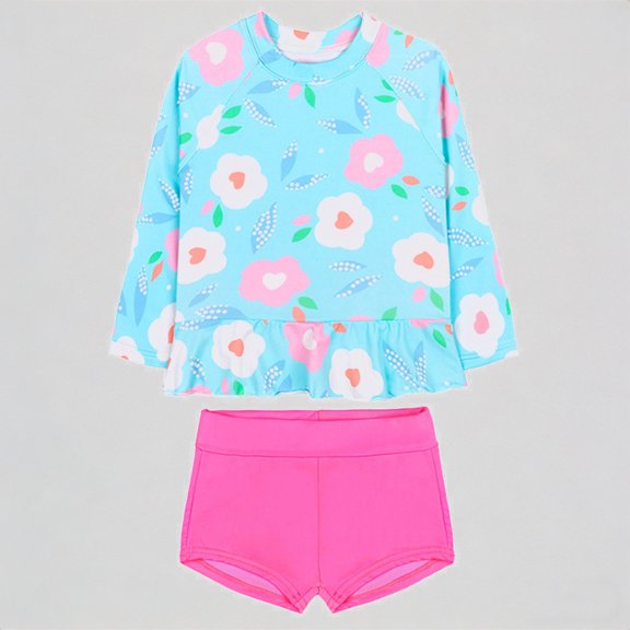 REDARER Toddler Girl's 2-Piece Swim Set: Floral Print Long-Sleeve Top Bottom – Summer Beach Bathing Swimwear,12-18 Months