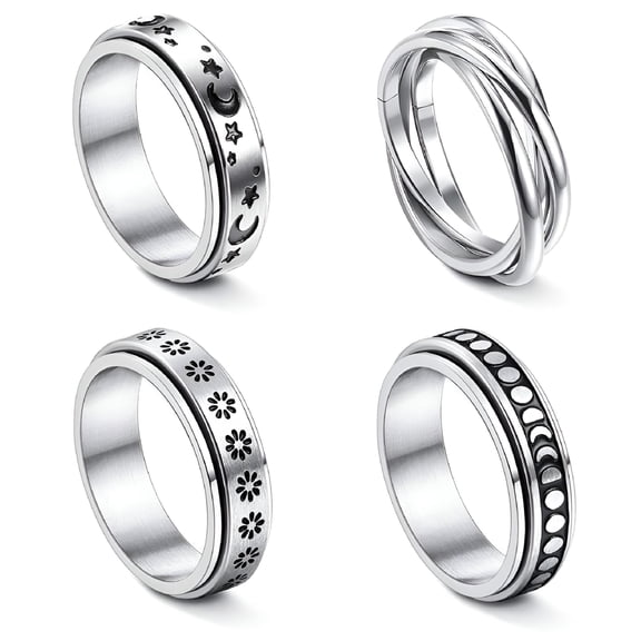 DESIGNICE 4 Pcs Vintage Spinner Rings Set, Stainless Steel Rotating Fidget Jewelry for Stress Relief, Anxiety Relief Band for Men and Women, Daily Wear Meditation