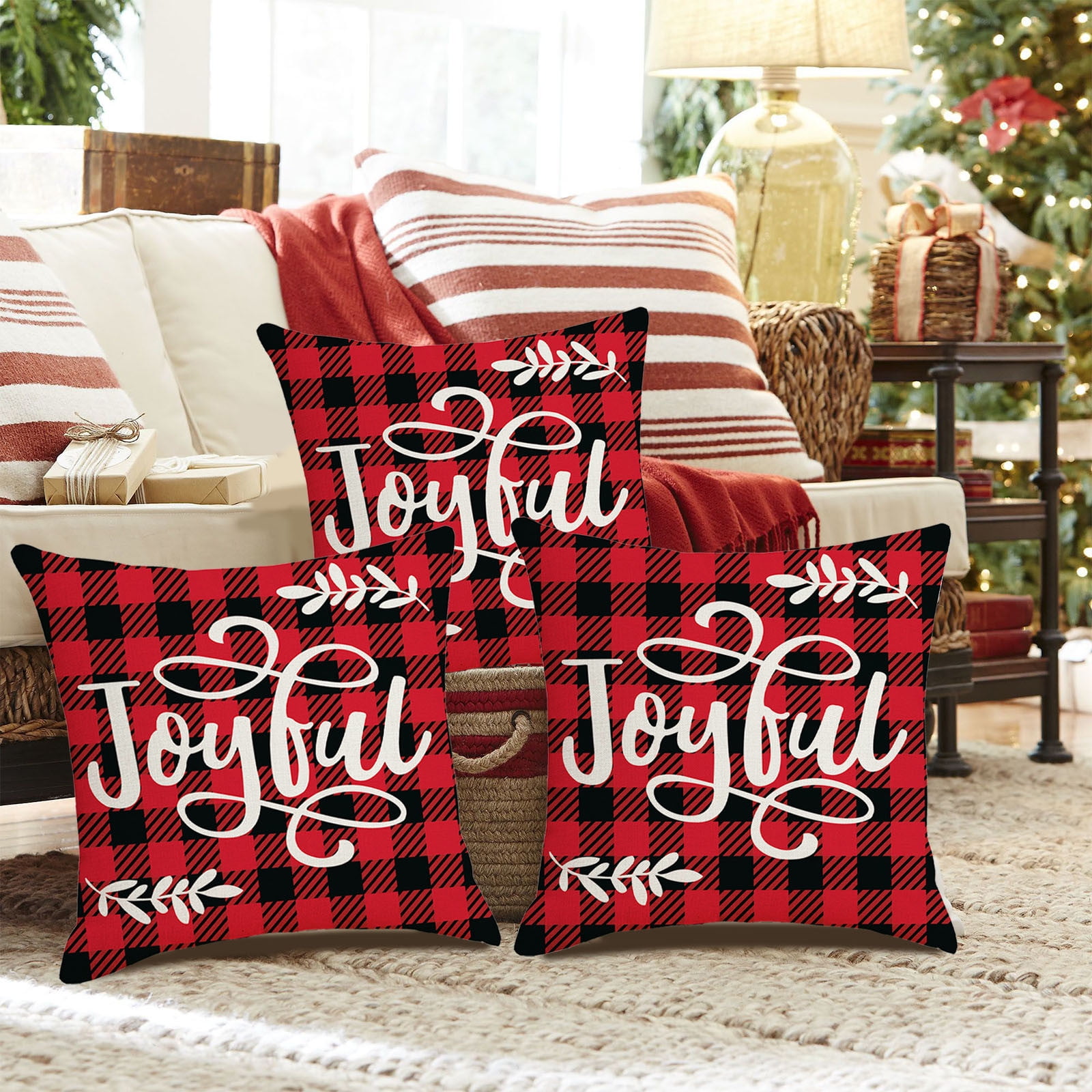 Set Of 4 Christmas Pillow Covers 18x18 - Nativity Scene Religious Decor, Red & White For Sofa Couch