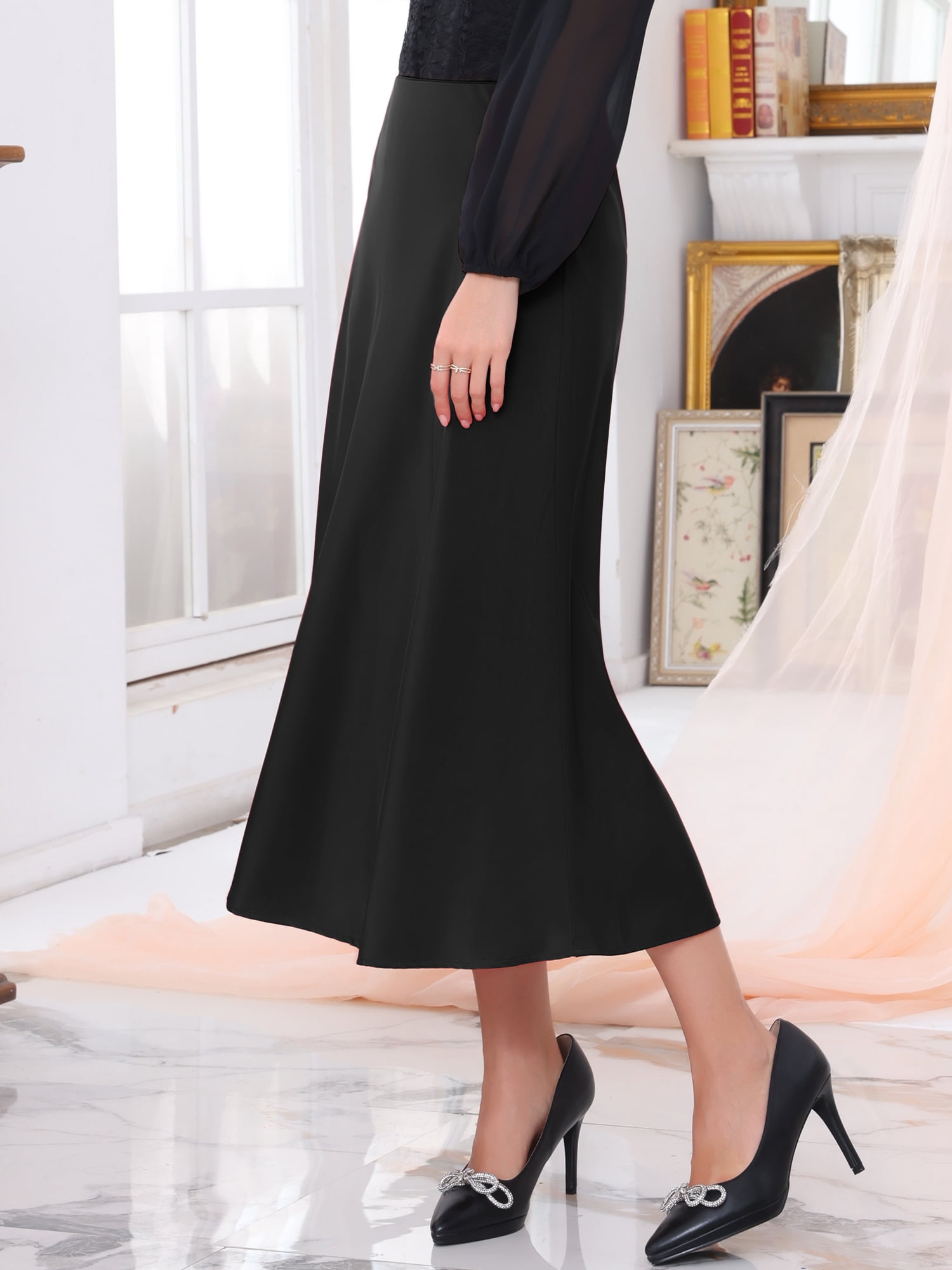 DARING DIVA Women's Satin Maxi Formal A-Lined Cocktail Mermaid Skirts Medium Black