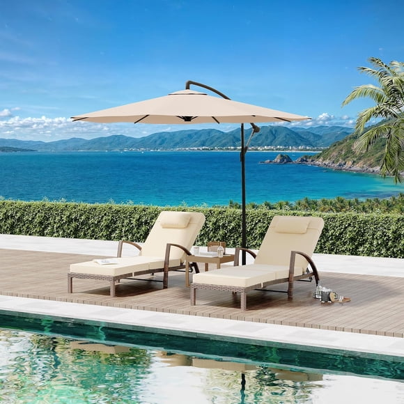 GloryStar All-Weather Outdoor Chaise Lounge Set of 2, Rattan Poolside Recliners with 5-Position Adjustable Backrest and Rolling Wheels, Comfortable Patio Sun Loungers Without Table