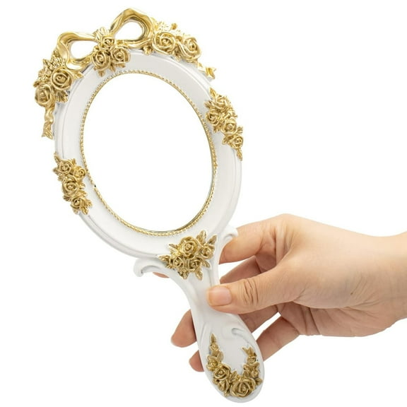 Handheld Mirror Vanity Makeup Mirror Travel Princess Metal Cosmetic Mirror Portable Embossed Mirrors Decorative（White）