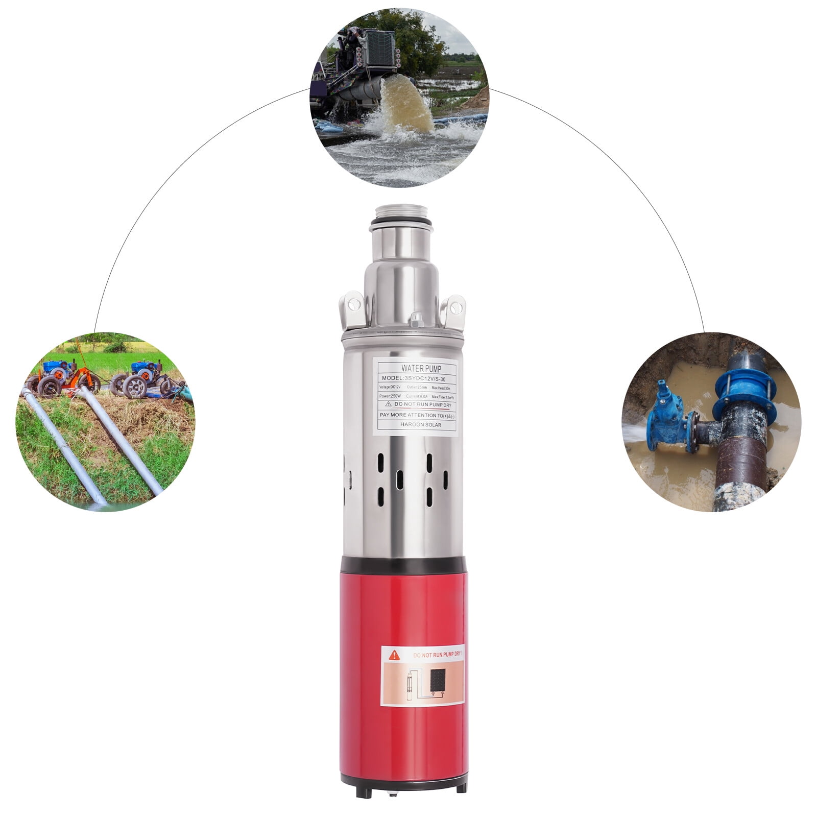 12V Solar Submersible Pump Deep Well Water DC Pump Stainless Steel 1500L/H US