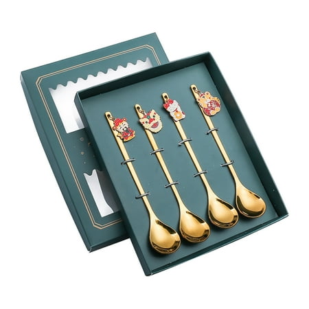 

Small Forks Kitchen Forks Fork 4-piece Set New Year Tableware Dessert Spoon Stirring Small Spoon Spoon New Year Gift Spoon Green