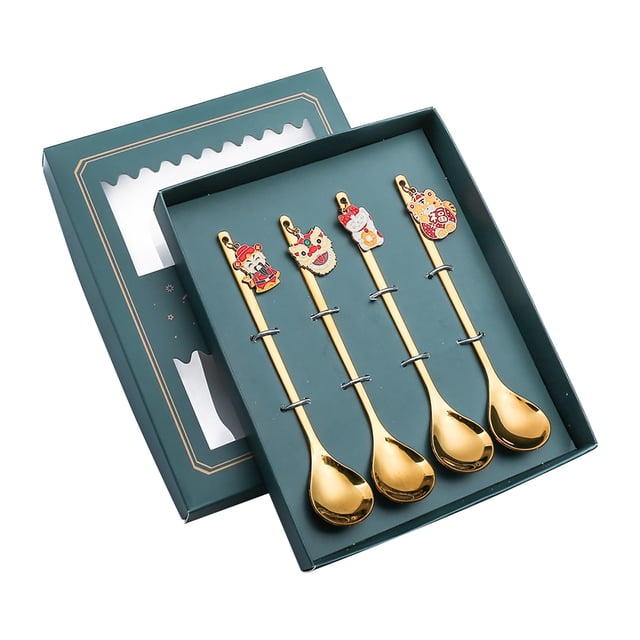 Juego de 4 piezas Vajilla de Año Nuevo Cuchara de postre Revolviendo Cuchara pequeña Cuchara Cuchara de regalo de Año Nuevo Wmkox8yii hjk5461
