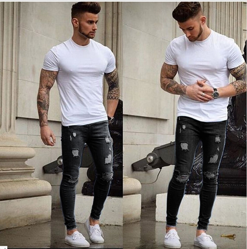 Hot Item Men´s Tight Slim Black Jeans Fashion Hole Long Pants Casual  Trousers Hot Sale 