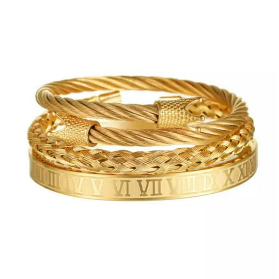 EOEMY 4Pcs/Set Men Stainless Steel Roman Numeral Bracelet Buckle Bangle Luxury Jewelry-3Pcs Gold Crown