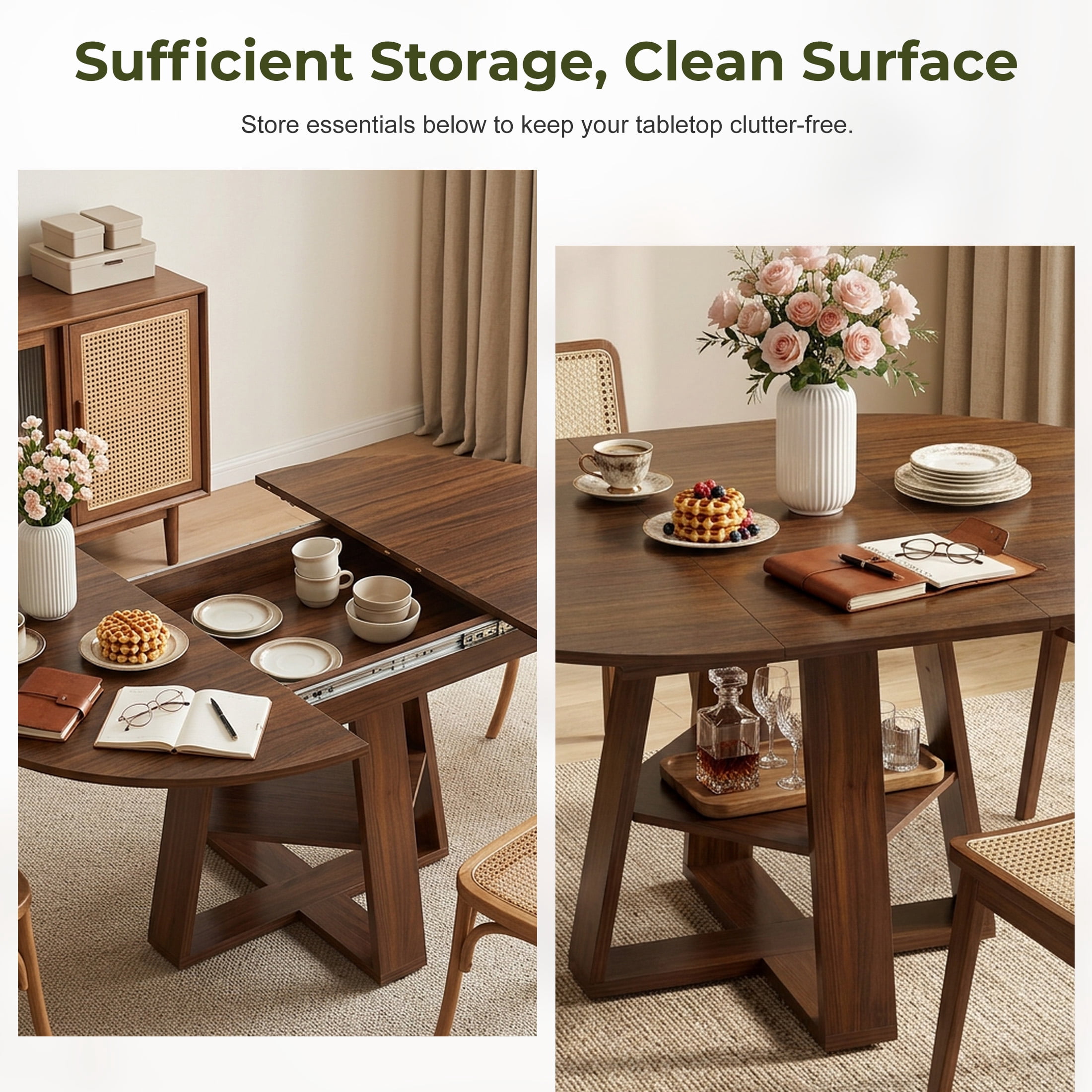EDX 43.3″–59″ Extendable Round Dining Table for 4-8, Modern Oval Dining Table with Removable Leaves, Wooden Kitchen Table with Storage Shelf Base, Space Saving for Kitchen Living Room, Walnut