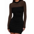 thumbnail image 2 of Women'S Mesh Sheer Long Sleeve Ruched Mini Dress Bodycon Mock Neck Cocktail Party Club Dresses, 2 of 9