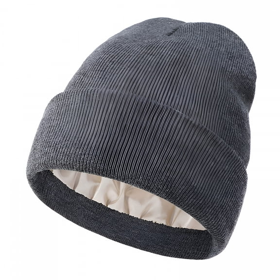 TELOLY Women Satin Lined Knit Beanie Hat Winter Hats for Women Men Silk Lining Soft Slouchy Warm Cuffed Beanie Hat (Dark Grey)