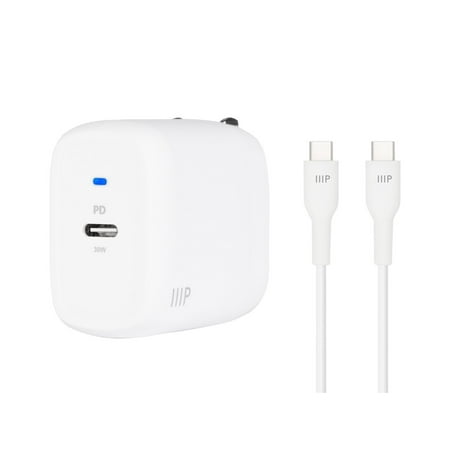 UPC: 0889028165645 | Monoprice iPad Pro Charging Bundle – 30W 1-port PD GaN Technology Foldable Wall Charger White Power Delivery and 1.8m (6ft) Fast Charge USB-C Cable for MacBook Pro/Air Laptops Pixel Galaxy & More