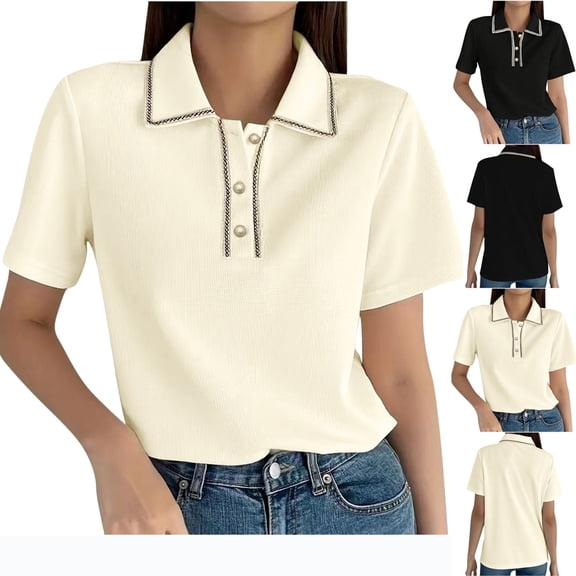 Olyvenn Women's Shirt Collar Contrast Trim Half Button Tee Top Lapel Neck Short Sleeve T Shirt Blouse for Women Beige L